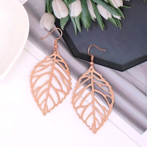 Leaf Earrings and Long Necklaces Set for Women Boho Gold-tone Multi Tiered Leave - Picture 4 of 6